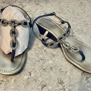 Lilly Pulitzer true blue / navy blue and rhinestone wedge sandals, size 7.5, EUC